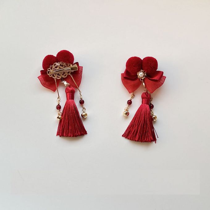 喜氣紅色毛球流蘇吊墜髮飾對夾 新年拜年紅色髮飾