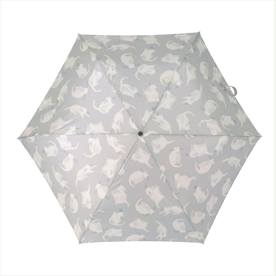 日本 nifty colors - 抗UV輕量 晴雨兩用折疊傘-迷你貓貓-淺灰 (直徑98cm/194g)