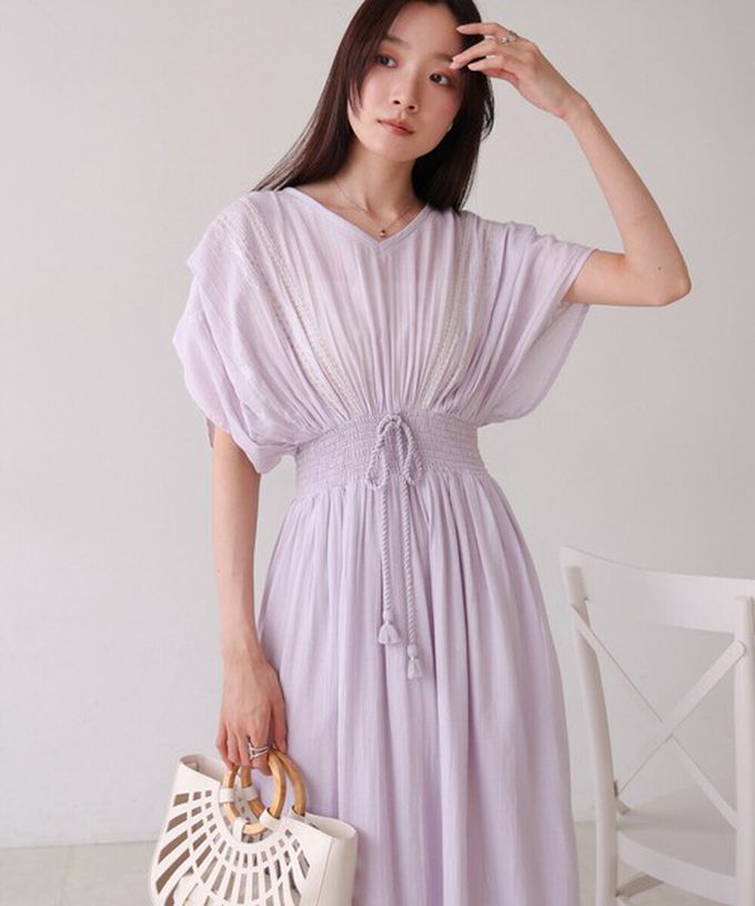 日本 Bab - 100%印度棉 素雅刺繡收腰短袖洋裝-淺紫