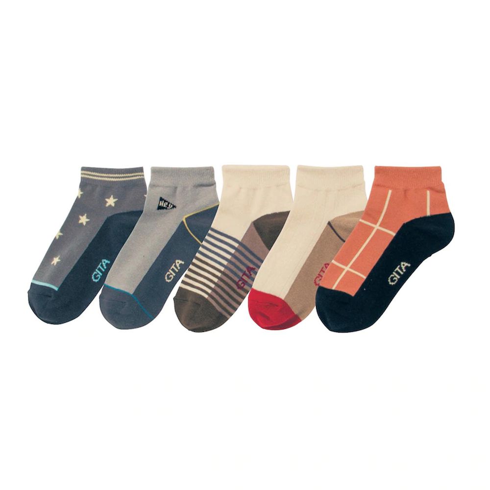 日本千趣會 - GITA 超值短筒襪五件組(鞋底深色設計)-星星條紋-灰米橘