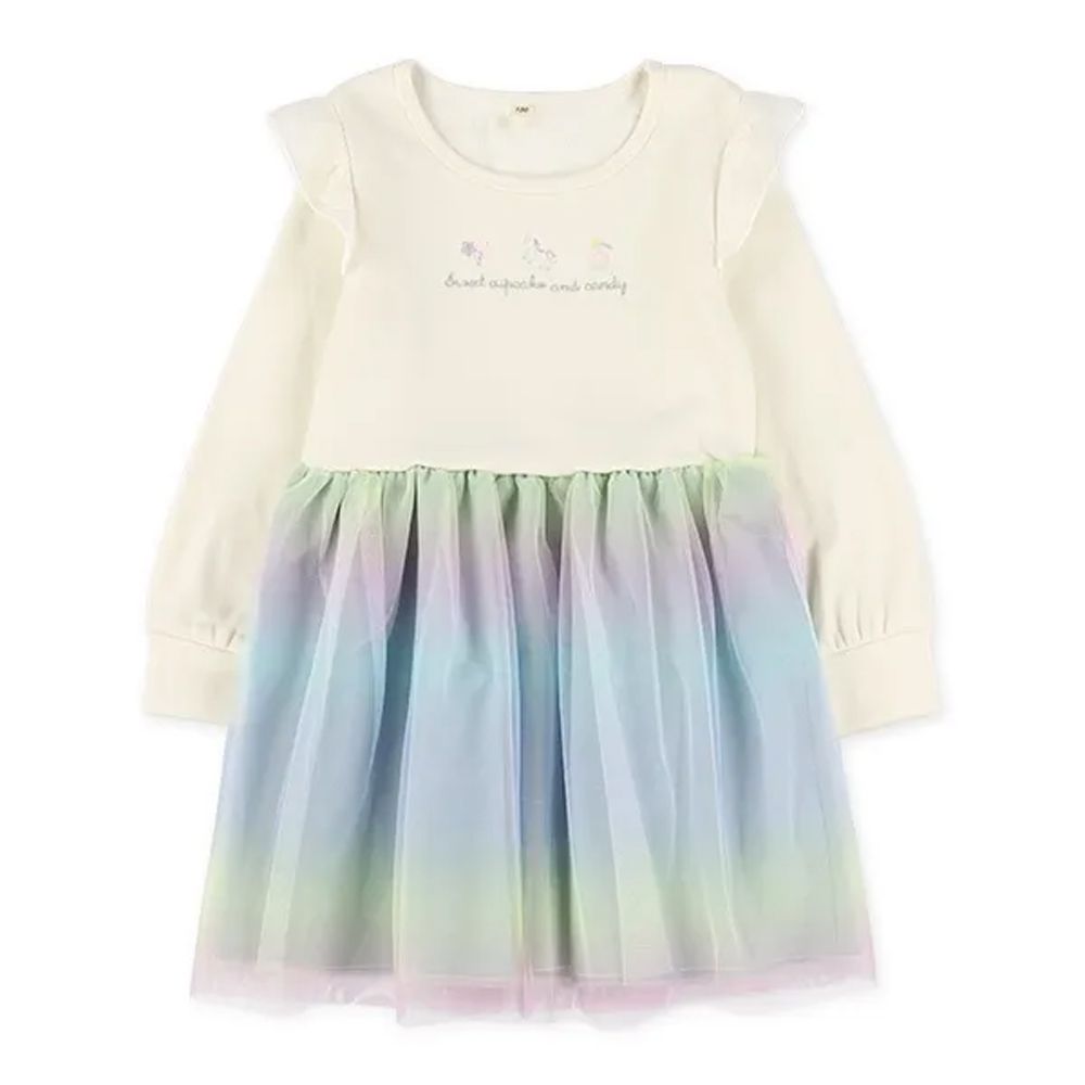 公主風薄紗漸層裏起毛長袖洋裝-白x藍綠