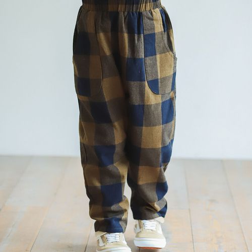 日本 PAIRMANON - 輕薄口袋寬鬆長褲-格紋-墨綠藍