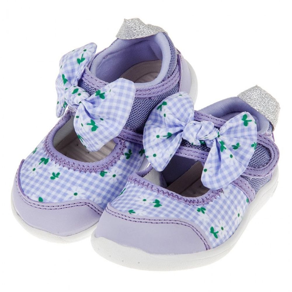 日本IFME - 格紋花朵紫色蝴蝶結公主機能水涼鞋