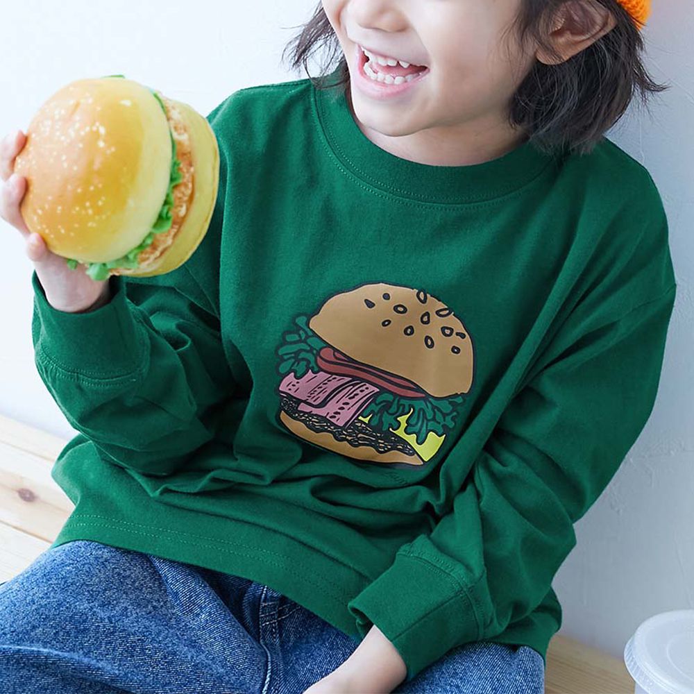 100%棉 寬鬆版型縮口長袖上衣-鮮艷漢堡-濃綠