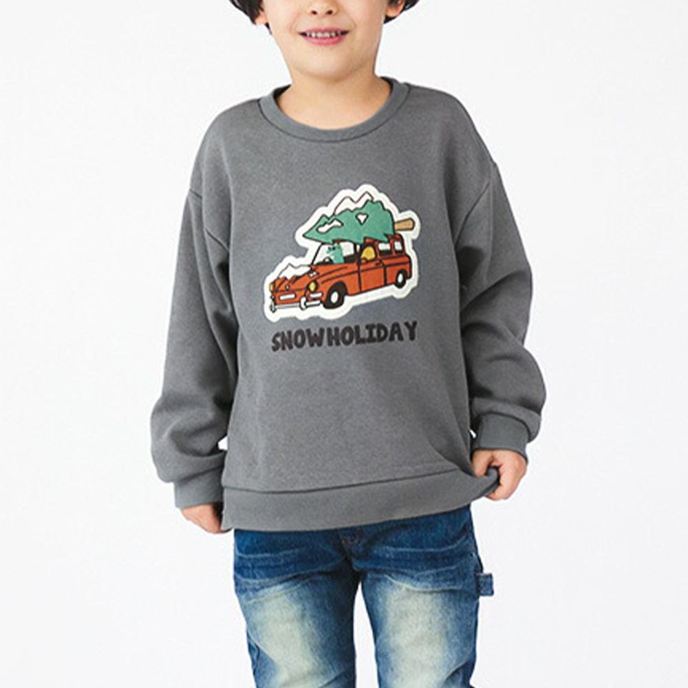 裏起毛 立體貼布印花長袖上衣-聖誕樹車車-灰綠