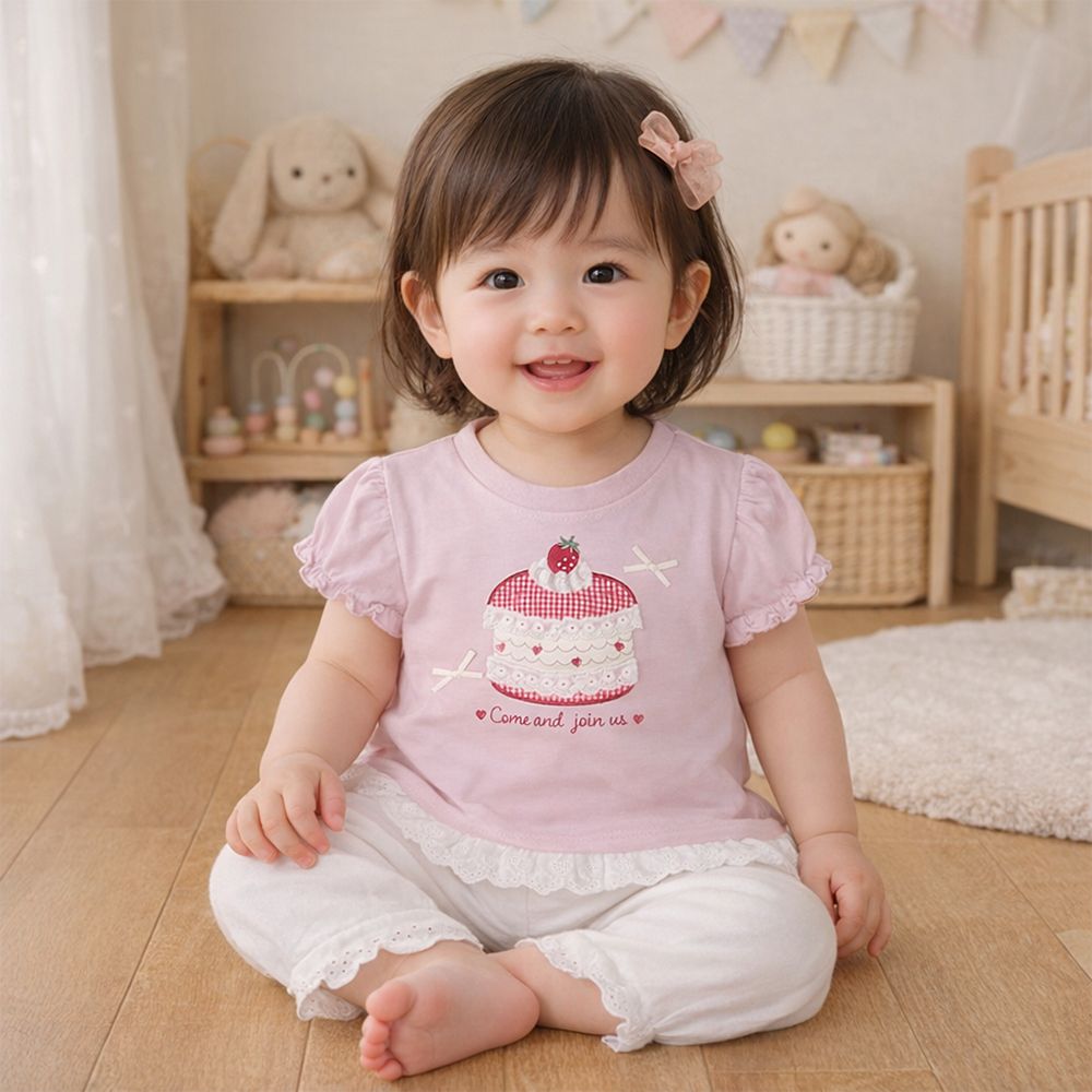 短袖T恤-胸前圖案-粉紅色