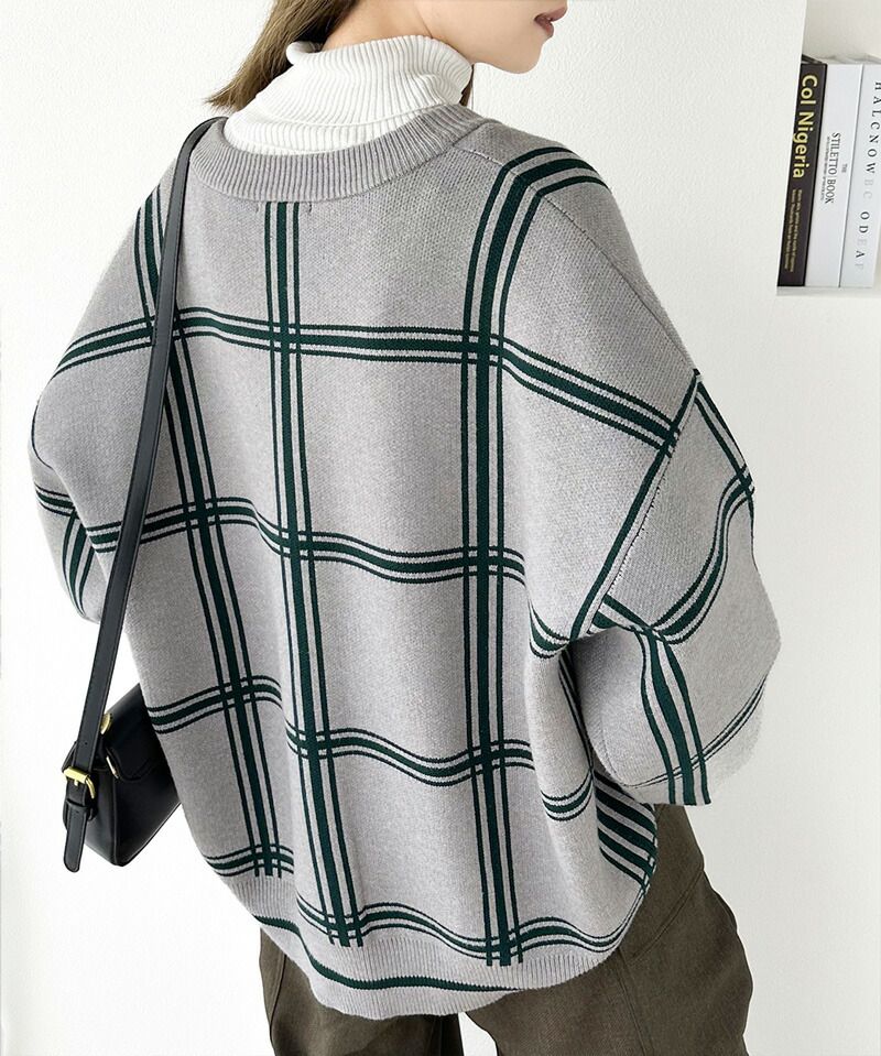 日本 Classical Elf - 歐風大格紋落肩針織外套-淺灰