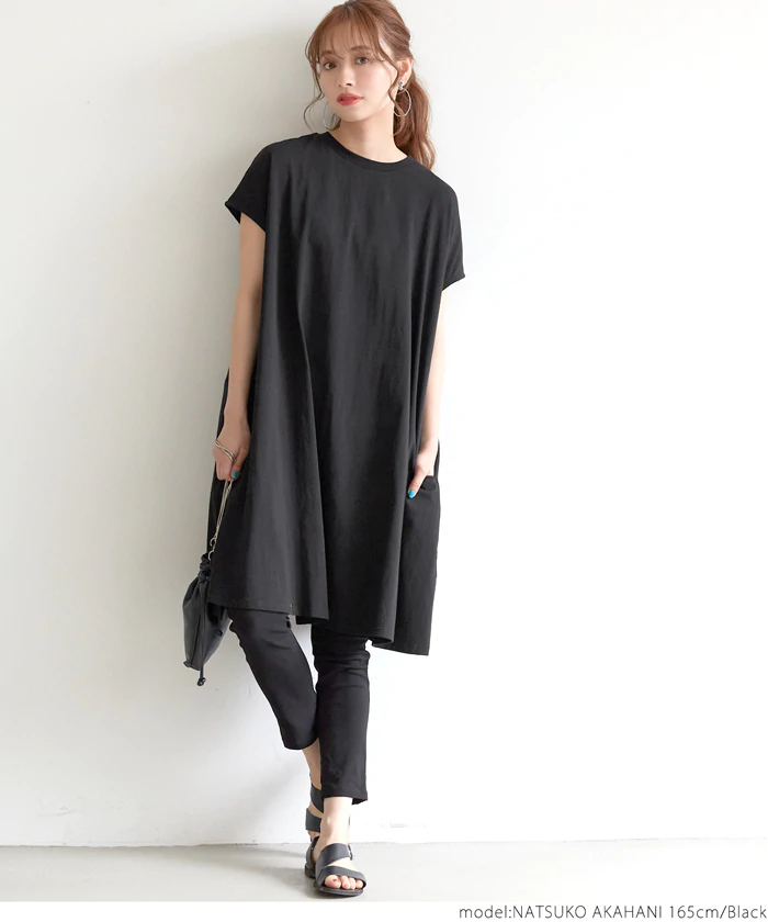 日本 COCA - 純棉圓領修身剪裁長版短袖上衣-黑