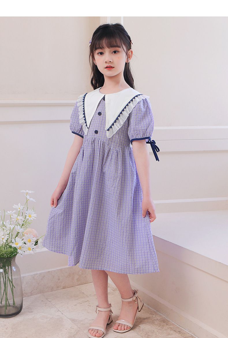荷葉邊娃娃領泡泡袖洋裝-格紋款-淺紫色