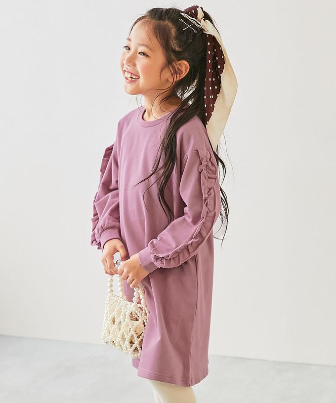 日本 devirock - 純棉甜美花邊縮口長袖洋裝-袖子荷葉-煙燻粉