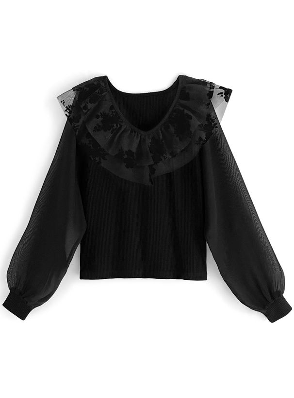 日本 GRL - 花刺繡V領泡泡袖上衣-黑