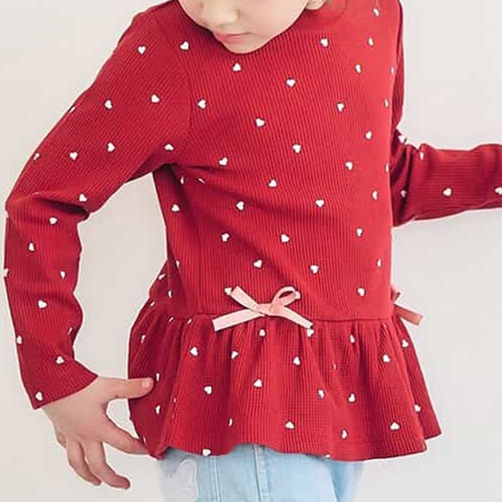 可愛荷葉下擺羅紋長袖上衣-愛心-紅