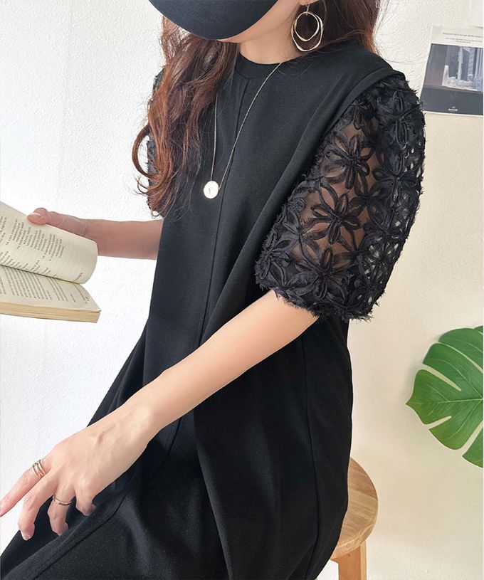 日本 Classical Elf - 夢幻薄紗緹花泡泡袖洋裝-黑