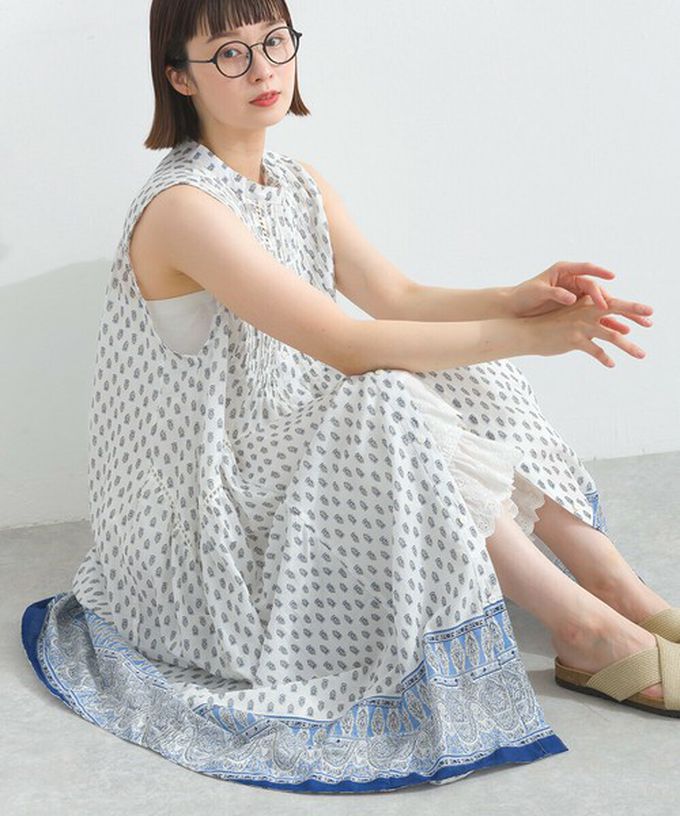 日本 Lupilien - 100%印度棉 清新印花柔軟洋裝-圖騰-白