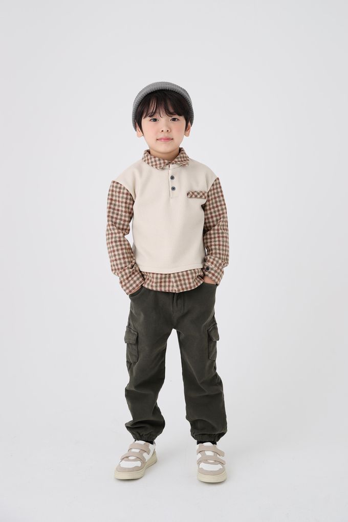 韓國 Coco Bang - 假兩件拼接格紋翻領長袖上衣-灰X黑