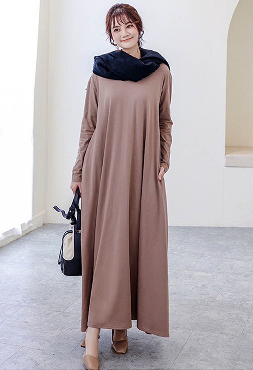 3D立體剪裁顯瘦長袖長洋裝-卡其色