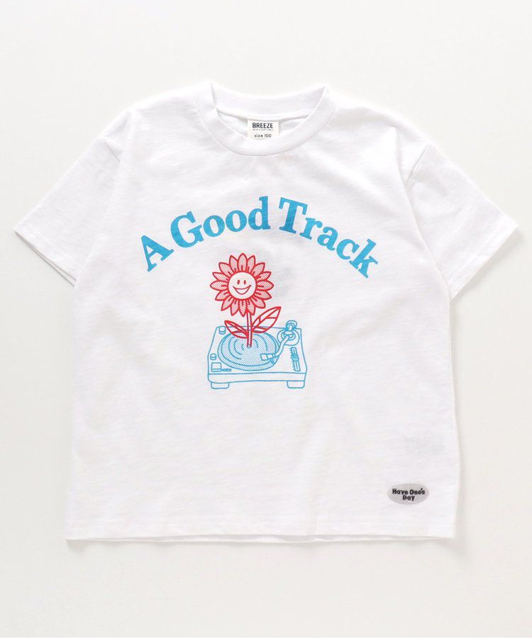日本 BREEZE - 童趣音樂印花短袖上衣-向日葵黑膠-白