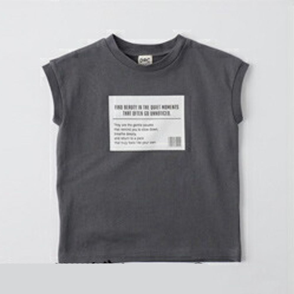 100%棉 簡約風圓領法式袖上衣-方形標籤-炭灰