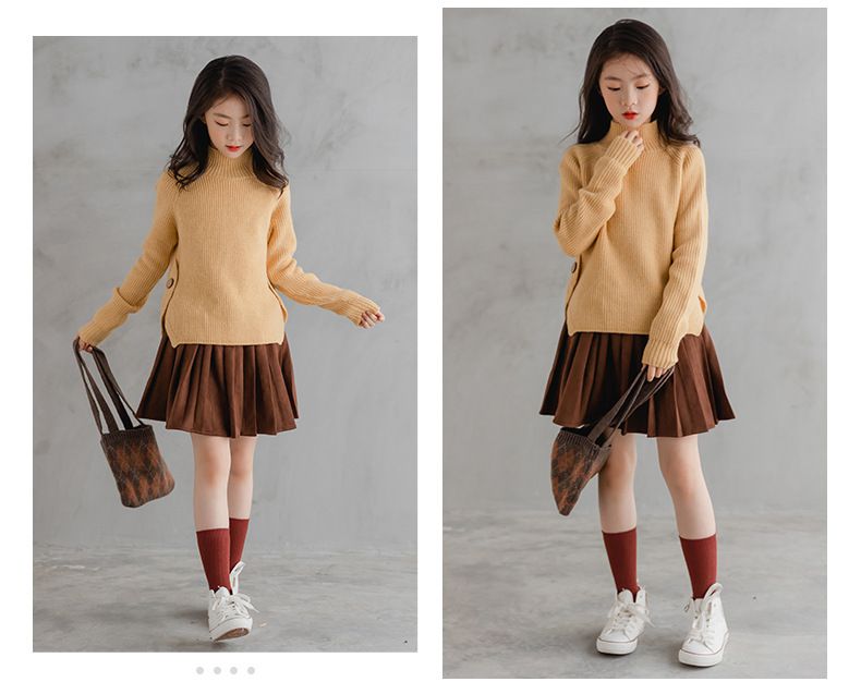 加厚半高領開衩長袖針織上衣-杏色