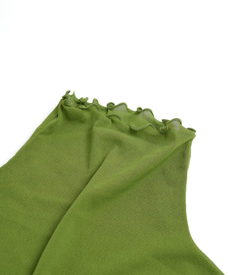 日本 zootie - 透膚木耳立領薄長袖上衣/內搭-抹茶綠