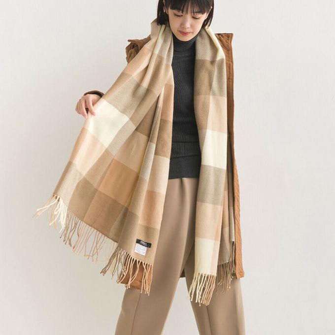 日本 OMNES - 羊毛混紡經典格紋圍巾披肩-J(深藍x黃)