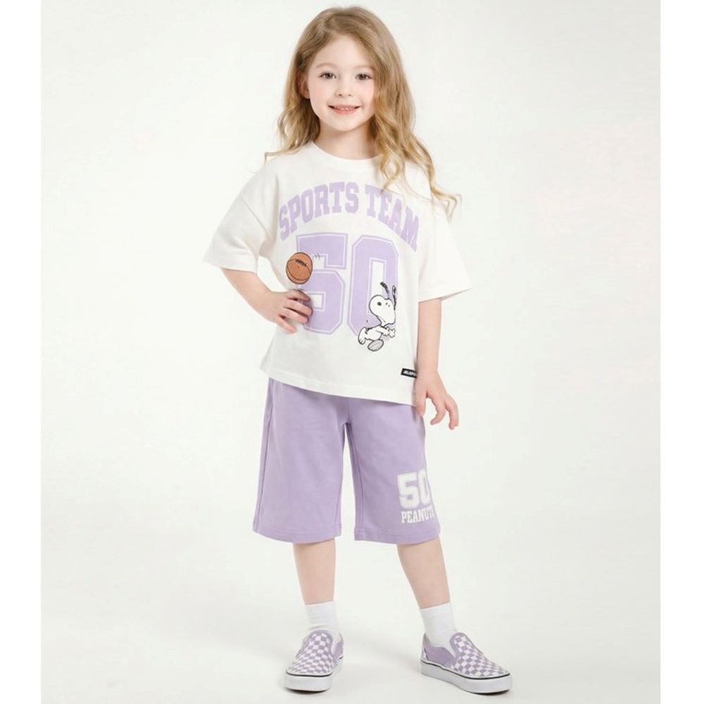 (聯名款)運動風格短袖上衣X七分褲套裝-卡通人物史努比-白X淺紫