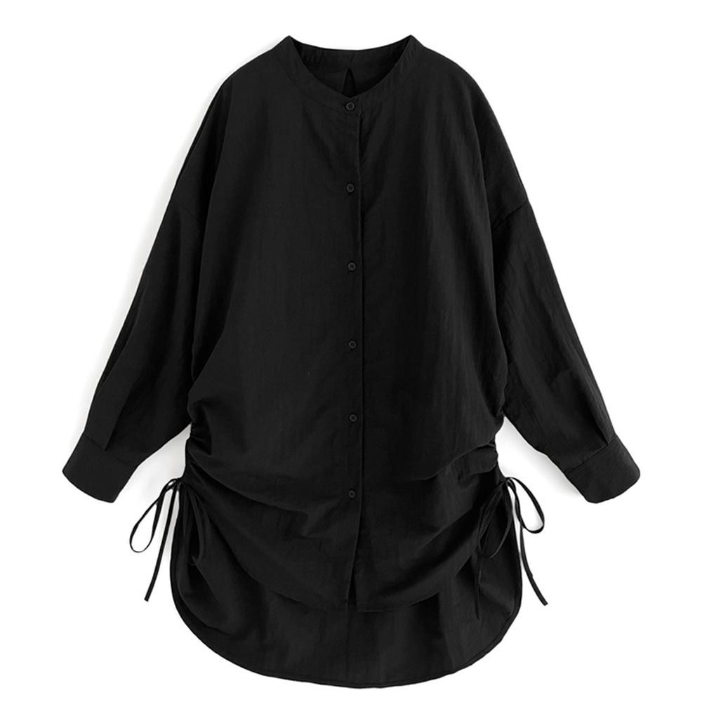 日本 GRL - 百搭側抽繩長版長袖襯衫-黑 (F)