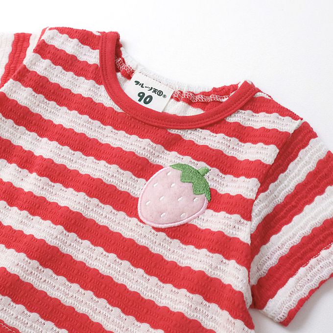 日本 ZOOLAND - 甜蜜草莓緹花條紋可愛刺繡上衣-紅