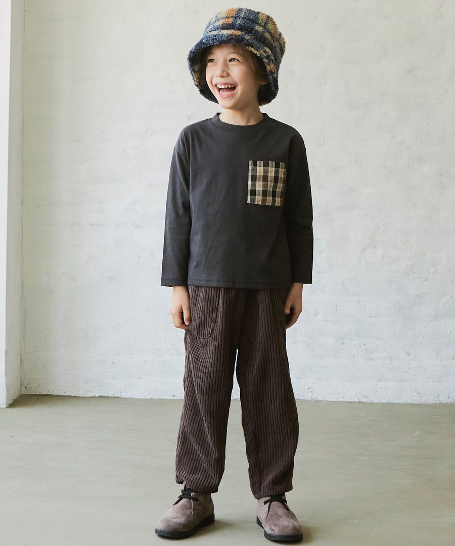 日本 PAIRMANON - 拼接口袋圓領薄長袖上衣-格紋-藍灰