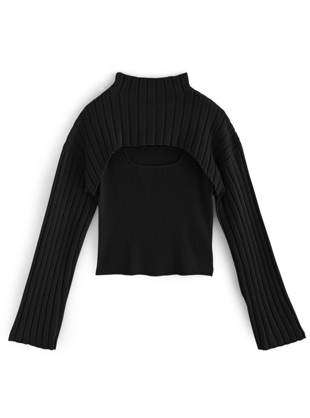 日本 GRL - 小立領羅紋兩件式針織上衣-灰藍 (F)