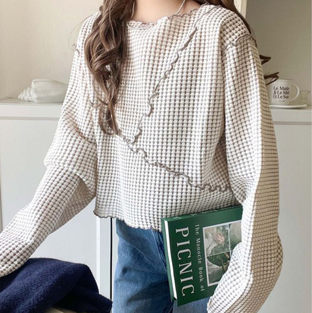 2way華夫格木耳捲邊浪漫長袖上衣-白