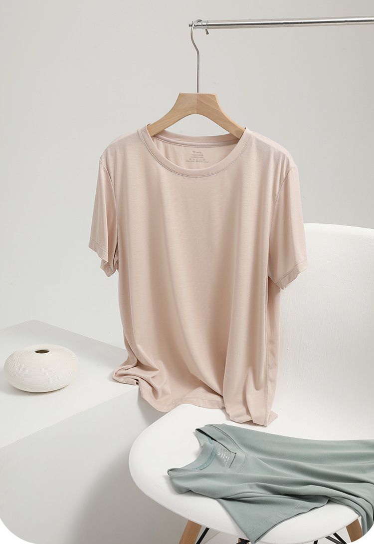 莫代爾圓領短袖家居服套裝-粉+藍