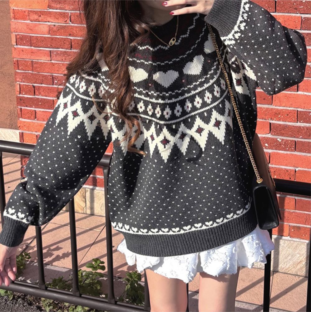 甜美愛心幾何印花寬鬆感毛衣-炭灰 (F)