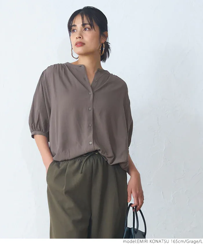 日本 COCA - 質感圓領泡泡短袖雪紡襯衫-白