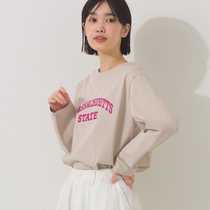 日本 OMNES - 100%棉 簡約英文標語長袖上衣-白