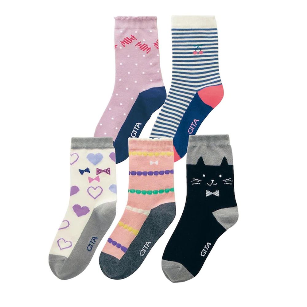 日本千趣會 - GITA 超值中筒襪五件組-貓咪條紋蝴蝶結