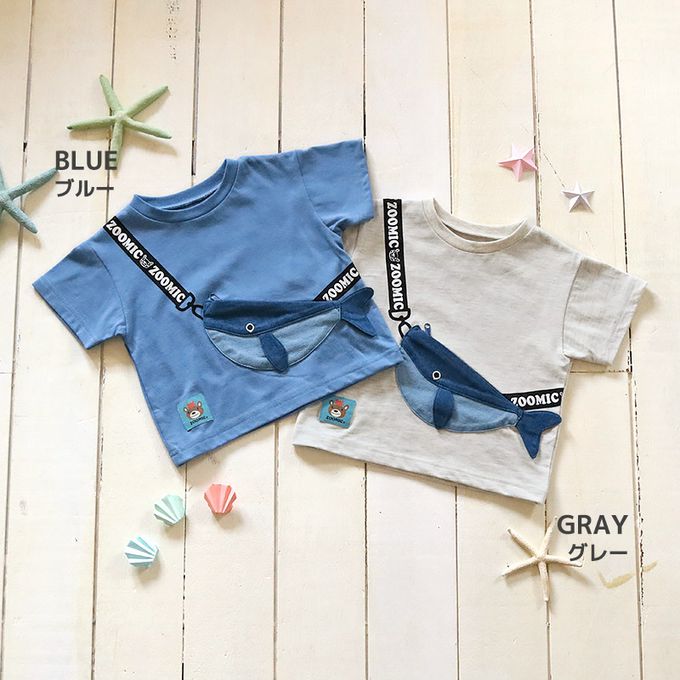 日本 ZOOLAND - 海洋印花短袖上衣-鯨魚口袋-淺灰