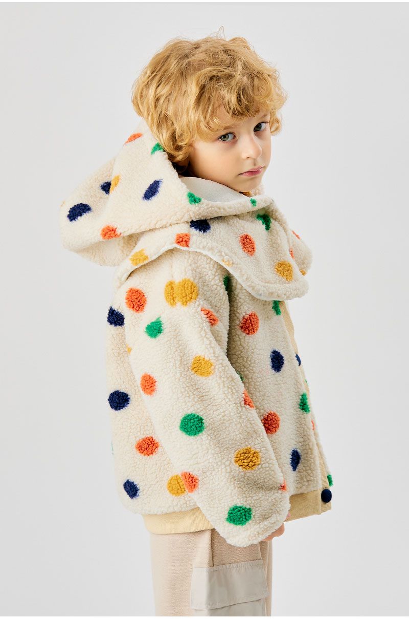 韓國 OZKIZ - (附帽子)彩點毛絨絎縫內裡保暖外套-卡其