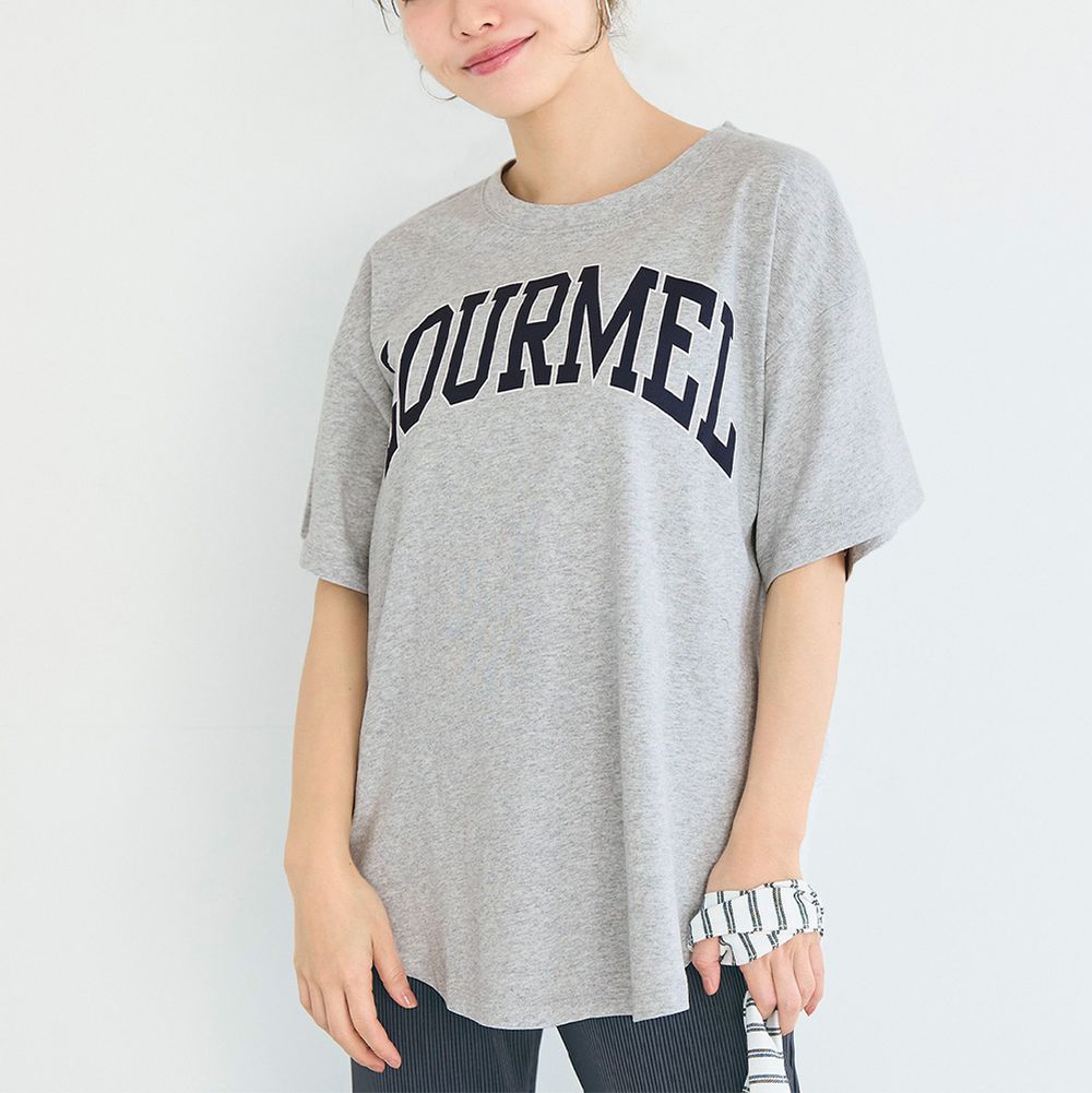 純棉學院風圓弧休閒短袖上衣(大人)-法文字-灰
