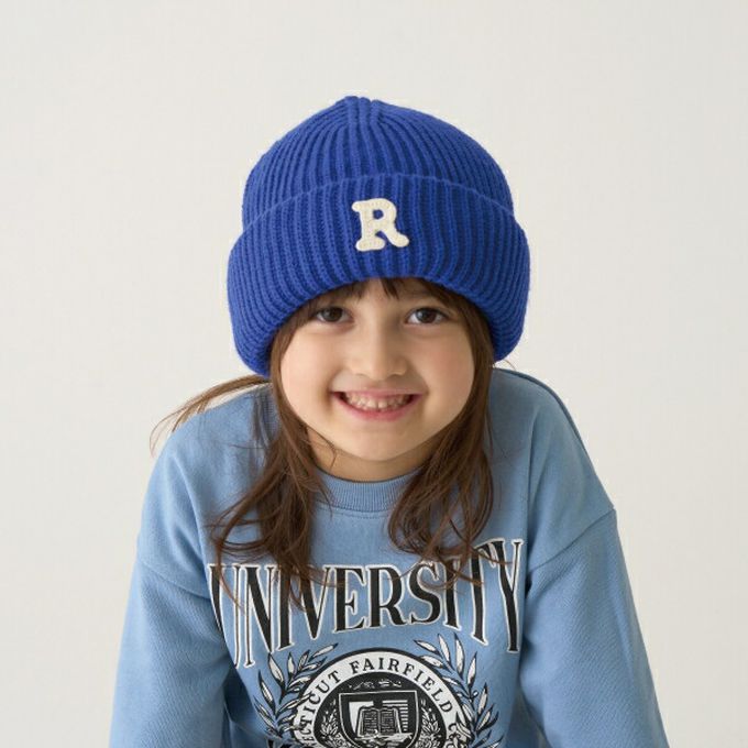 日本 b-ROOM - 秋冬定番 R徽章針織毛帽-黑 (50-52cm)