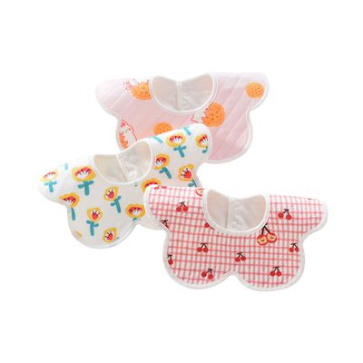 JoyNa - 3條入-360°防髒花瓣加厚圍兜-格子櫻桃款-28.5*25cm