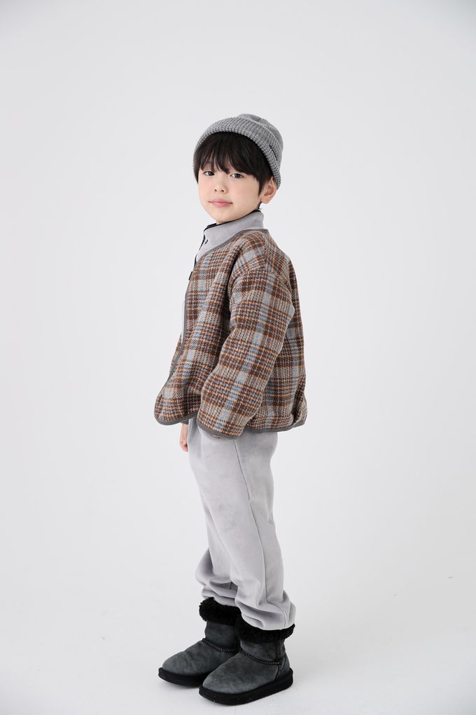 韓國 Coco Bang - 格紋毛呢感無領鈕扣外套-棕X深藍