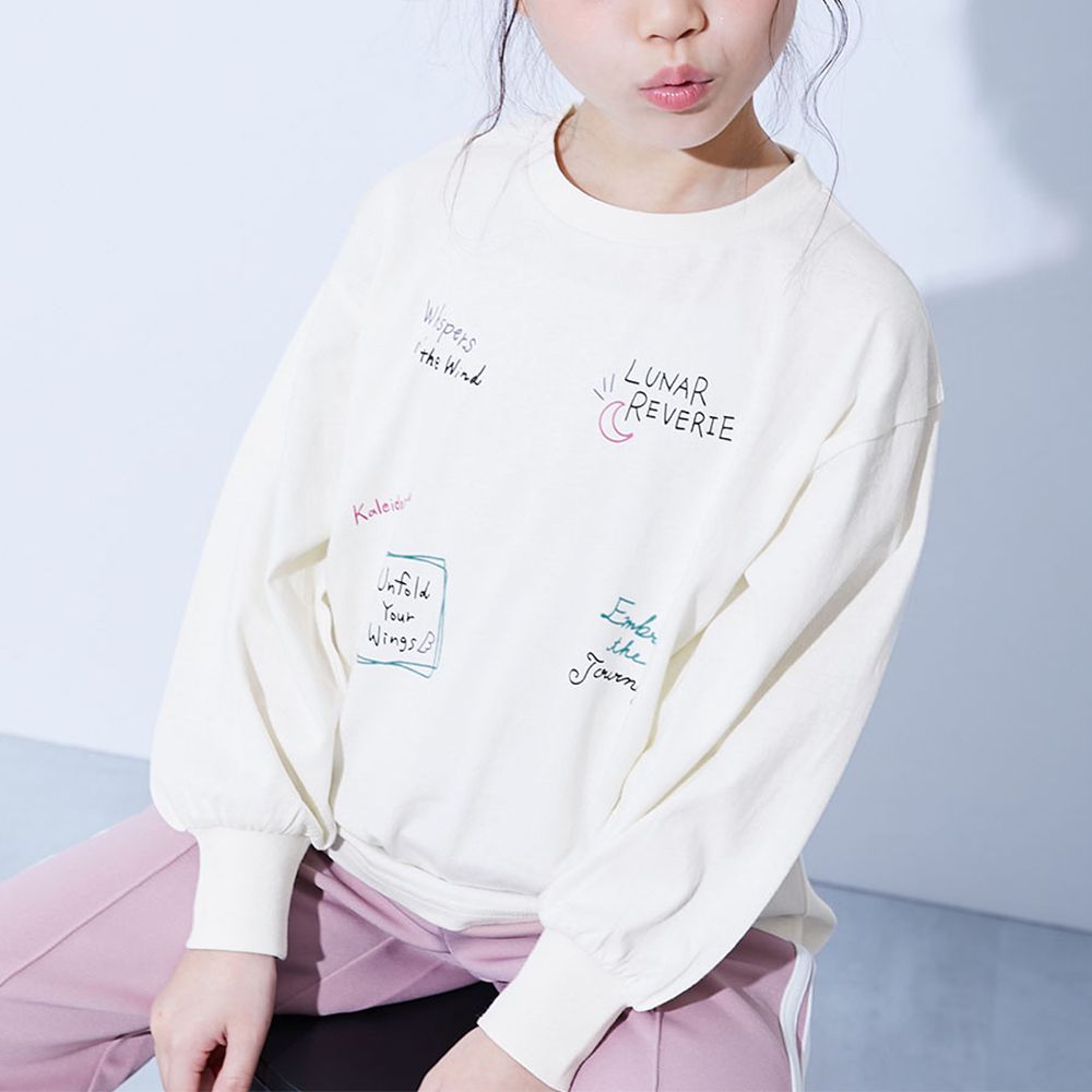 100%棉 女孩寬版長袖T恤-彩色標語-白