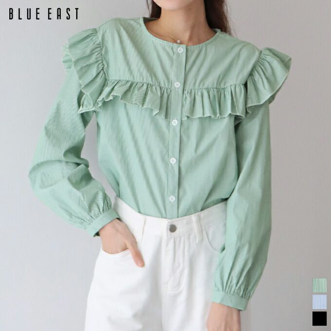 日本 BLUE EAST - 青澀回憶荷葉邊長袖襯衫-湖水綠