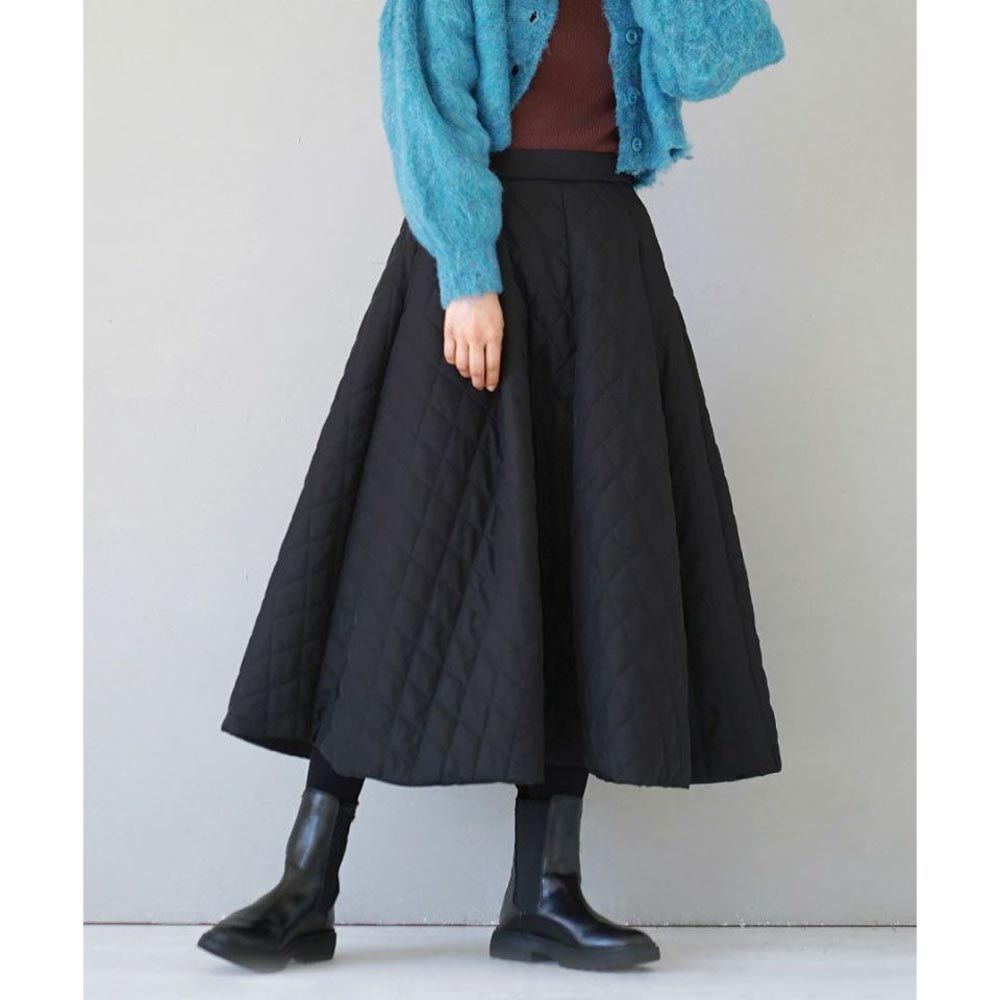 日本 zootie - 潑水加工 蓄熱保暖絎縫傘狀長裙-黑