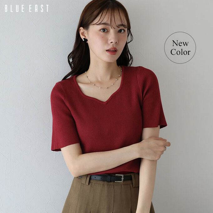 日本 BLUE EAST - 合身羅紋甜美桃心領短袖上衣-黑