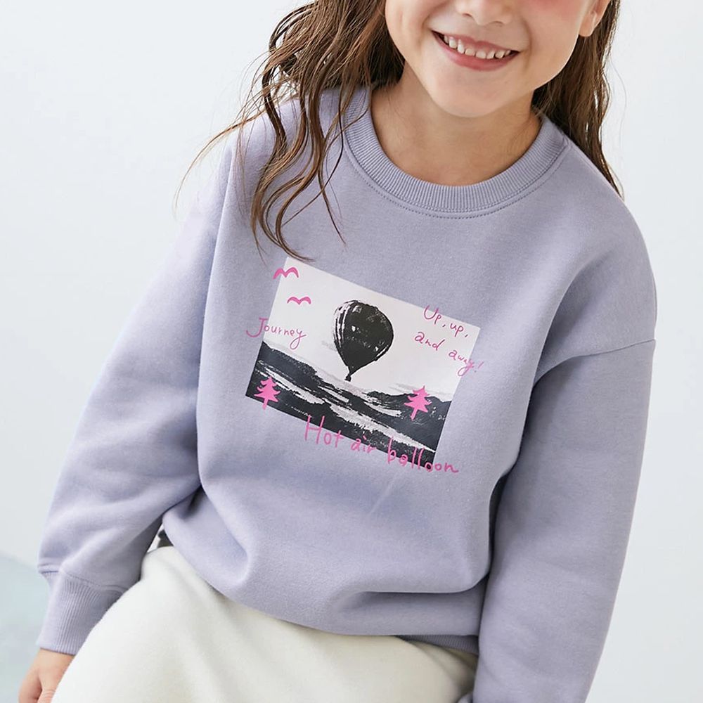 熱銷定番 裏起毛落肩大學長袖上衣-熱氣球-淺藍紫