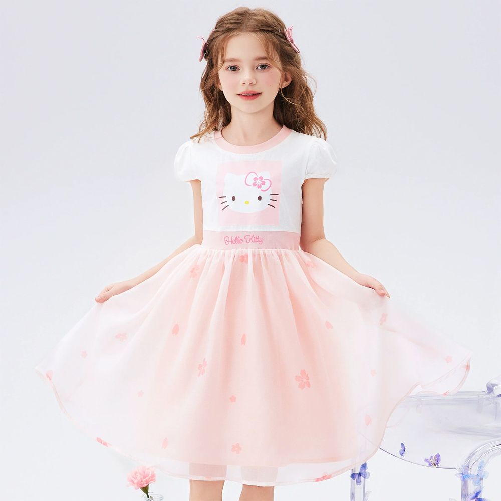 浪漫撞色網紗拼接小包袖洋裝-卡通人物Hello Kitty-粉色