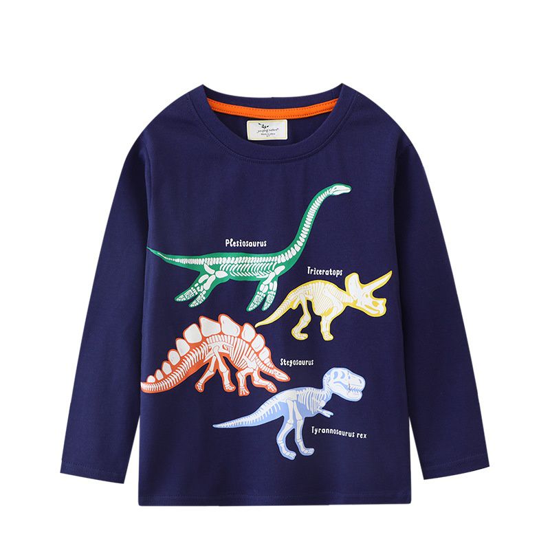 Jumping meters - 夜光圓領棉質長袖上衣-恐龍化石-深藍色