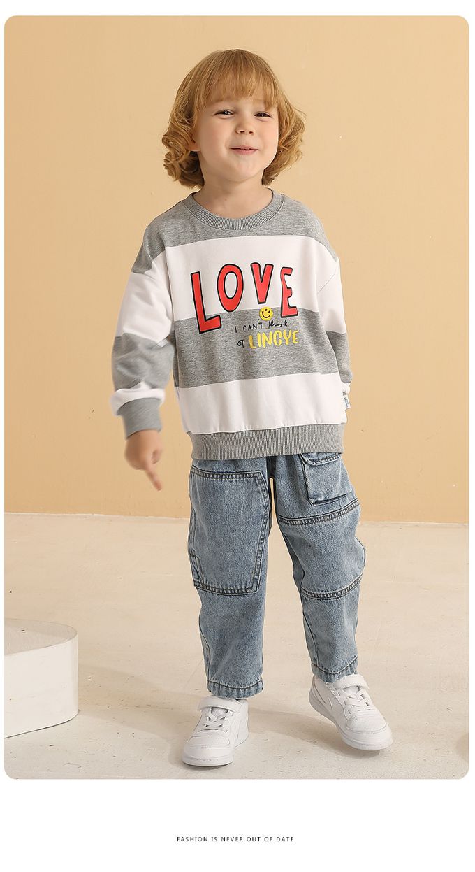 童趣圓領條紋長袖上衣-LOVE-灰色